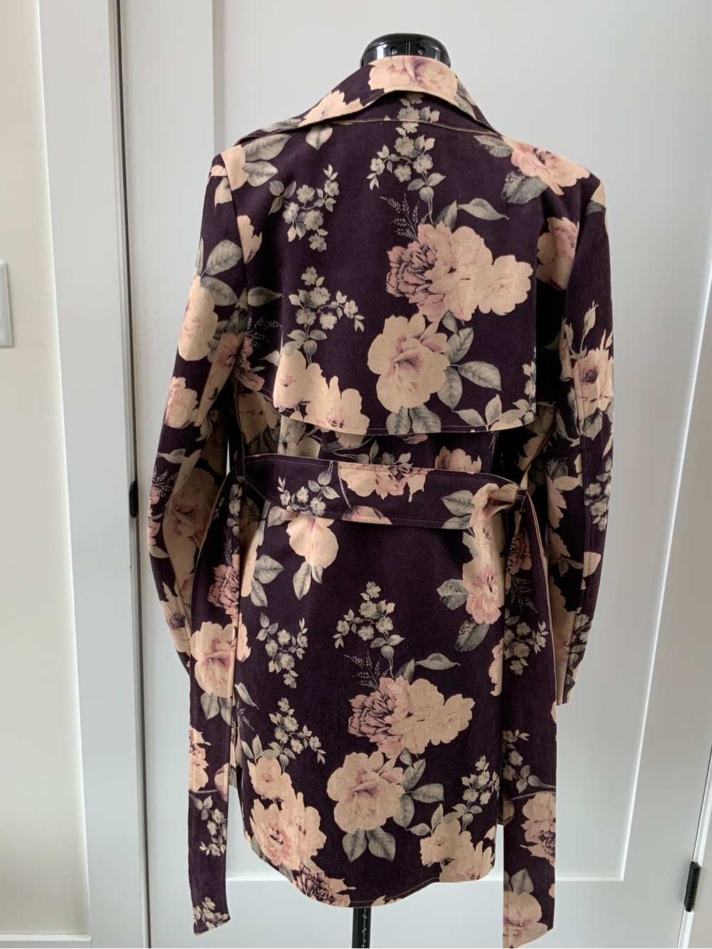 Solitaire Faux Suede Floral Trench Coat - Dark Purple with Blush Pink Flowers